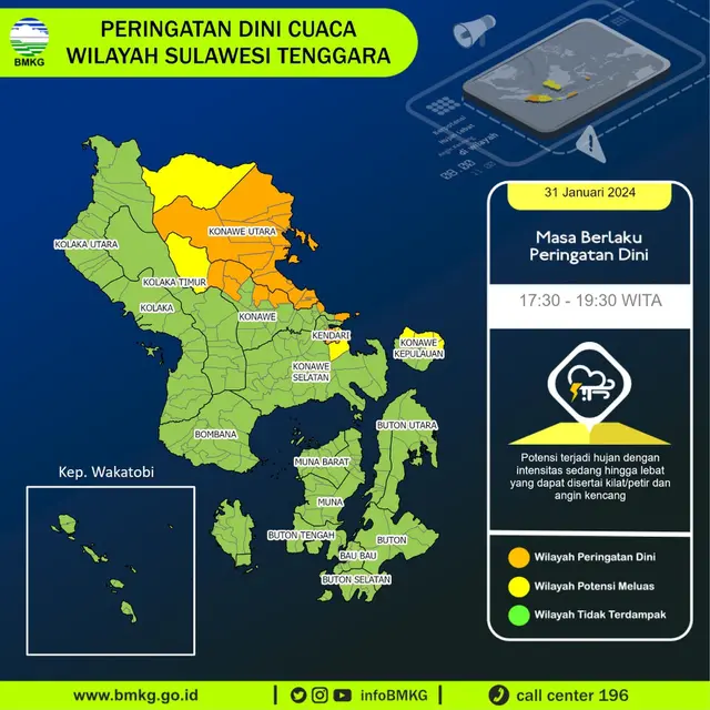 Peta BMKG terkait cuaca di Wilayah Sulawesi Tenggara.