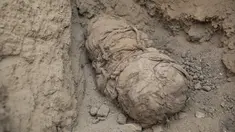 Sebuah mumi terlihat di situs arkeologi Cajamarquilla, di mana enam mumi anak-anak ditemukan di Cajamarquilla, dekat Lima, Peru pada 13 Februari 2022. Menurut para arkeolog, mumi tersebut berusia antara 800 hingga 1.200 tahun. (Guadalupe Pardo / AFP)