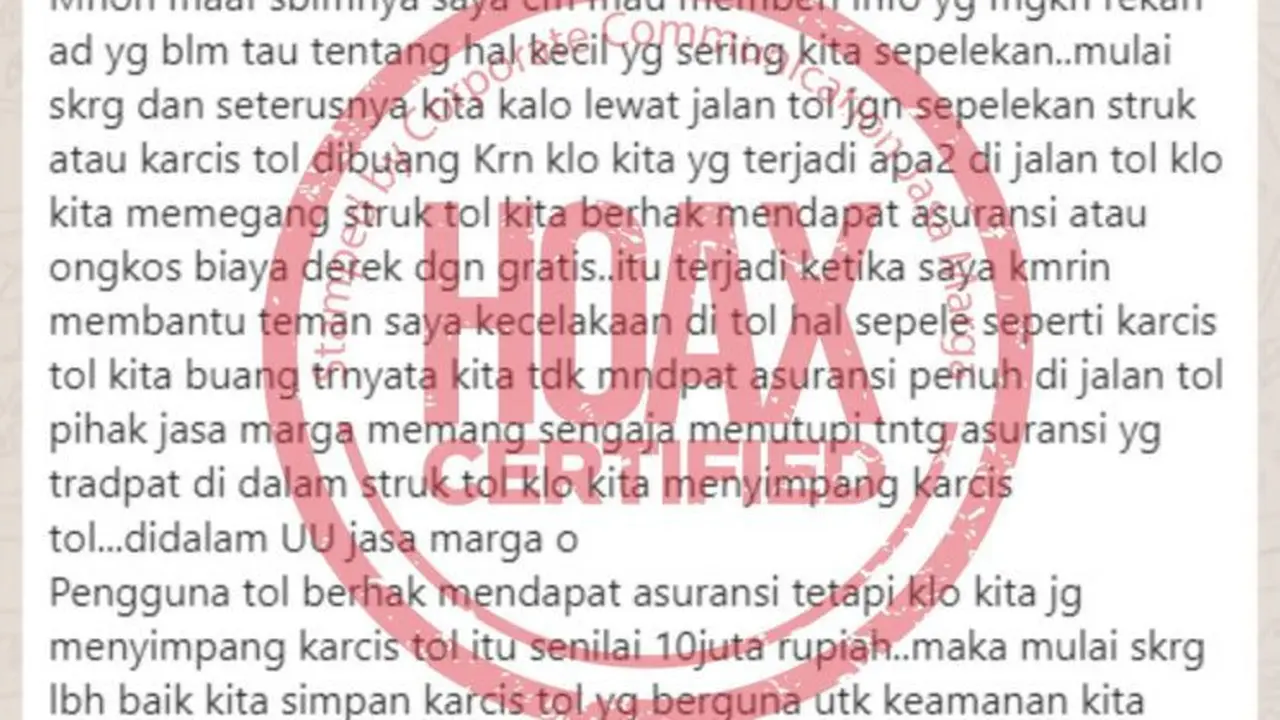 Jasa Marga Buka Suara Kabar Tidak Benar Soal Premi Asuransi di Struk Jalan Tol (Ist)