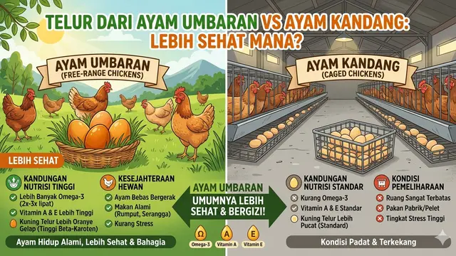 Telur dari Ayam Umbaran vs Ayam Kandang Lebih Sehat Mana? (Sumber: Gemini)