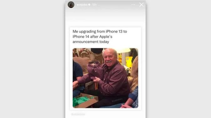 <p>Eve Jobs meledek iPhone 14 yang terkesan sama saja dengan iPhone 13 (Foto: Instagram @evejobs).</p>