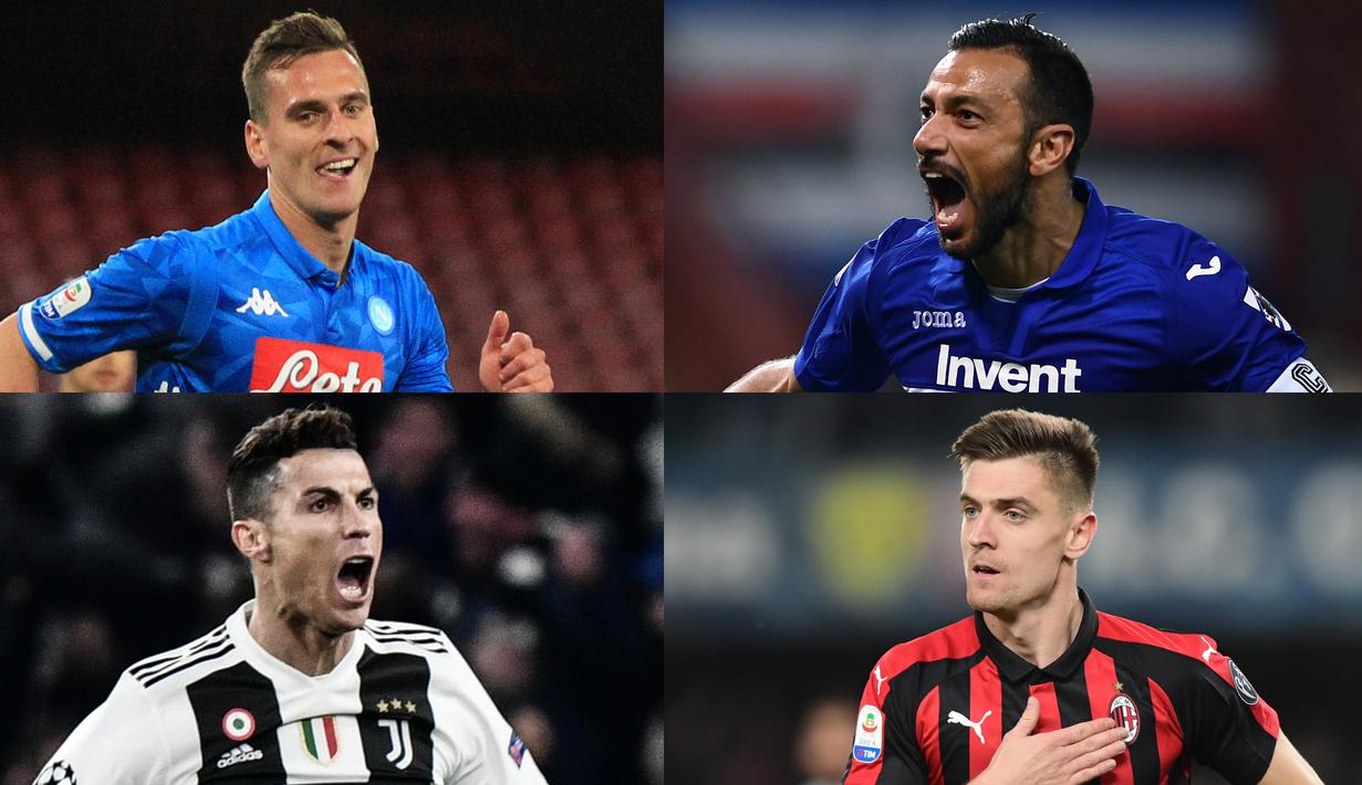 Penyerang gaek Sampdoria, Quagliarella jauhi Ronaldo di puncak pencetak gol Serie A hingga pekan ke-28. Kini Quagliarella mencetak 21 gol selisih dua gol dengan Ronaldo dan Piatek. (Kolase Foto AFP)