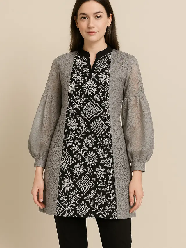 Model Tunik Batik Kombinasi Brokat Lengan Bishop