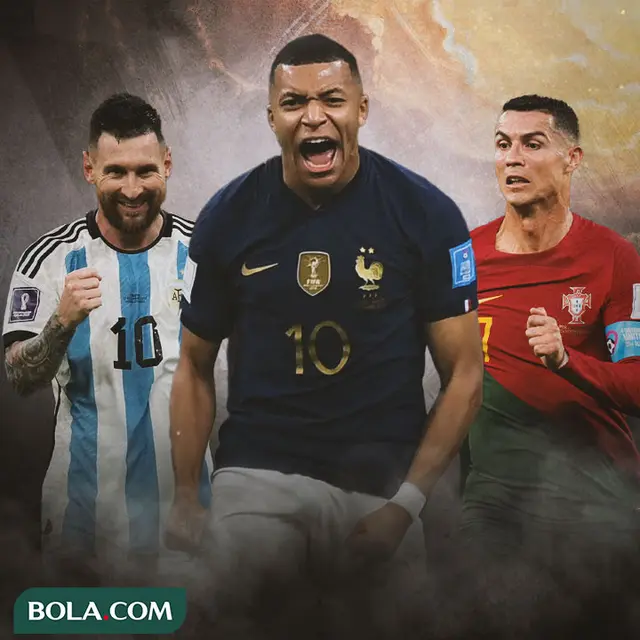 Ilustrasi - Lionel Messi, Kylian Mbappe, Cristiano Ronaldo