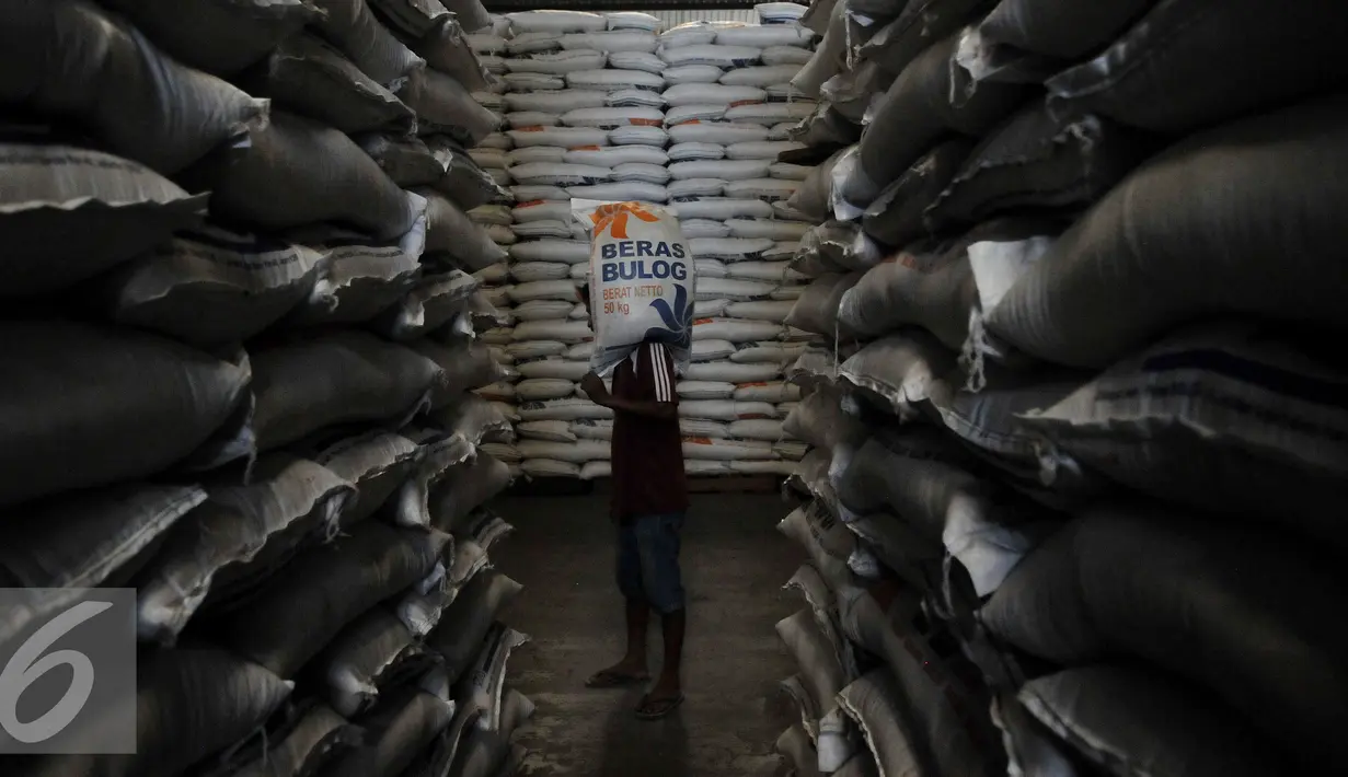 Pekerja memanggul karung Beras milik Badan Urusan Logistik (Bulog) di Gudang Bulog kawasan Kelapa Gading, Jakarta Utara, Selasa (7/6). Bulog memiliki stok beras sebanyak 2,1 juta ton. (Liputan6.com/Johan Tallo)