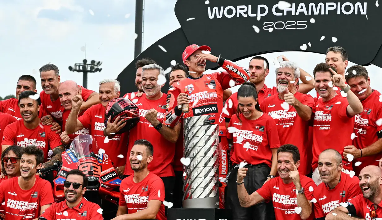 Hasil MotoGP Jepang 2025 sekaligus menegaskan bahwa Sirkuit Motegi sebagai arena spesial bagi Marc Marquez. Sebelum ini, The Baby Alien juga pernah memastikan status juara dunia MotoGP di Motegi pada 2014, 2016, dan 2018. (Toshifumi KITAMURA/AFP)