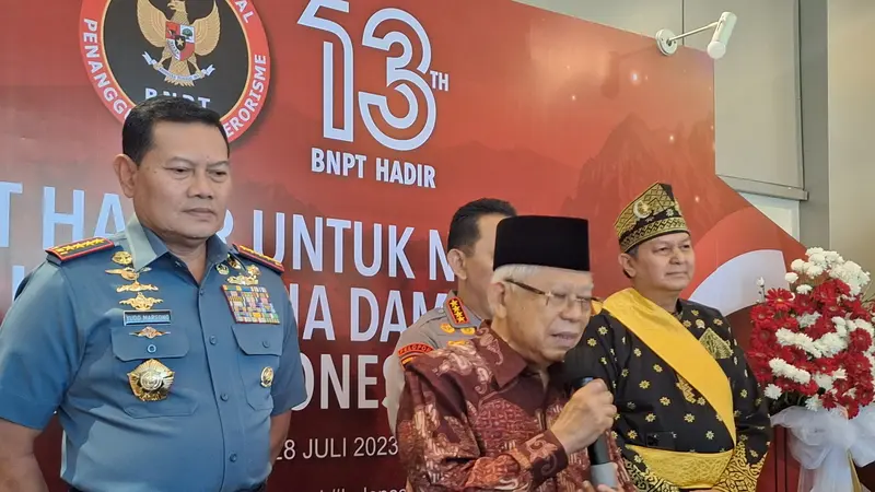 Wakil Presiden (Wapres) Ma'ruf Amin saat menghadiri Puncak Peringatan HUT ke-13 BNPT di Djakarta Theater Jakarta Pusat, Jumat (28/7/2023).