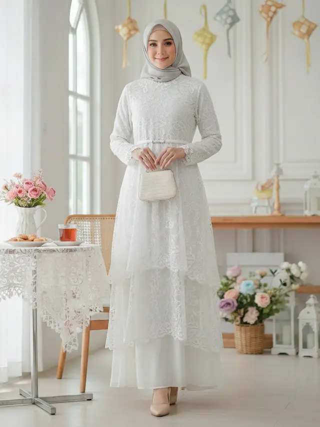 Gamis Brokat 2 Layer Warna Netral (Foto: Gemini AI)