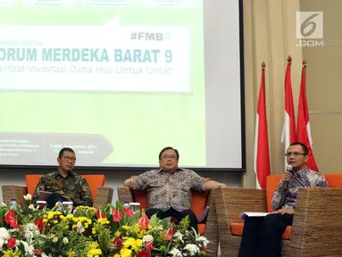 Ketua Dewan Pengawas Badan Pengelola Keuangan Haji, Yuslam Fauzi (kanan) saat menghadiri diskusi investasi dana haji di gedung Kemkoinfo, Jakarta, Sabtu (5/8). Diskusi membahas Manfaat Investasi Dana Haji Untuk Umat. (Liputan6.com/Helmi Fithriansyah)