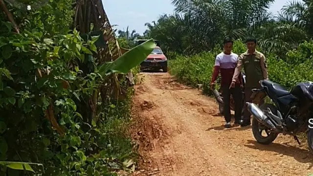 Masyarakat Desa Pekaitan, Rokan Hilir, menunjuk tempat Harimau Sumatra melintas di jalanan.