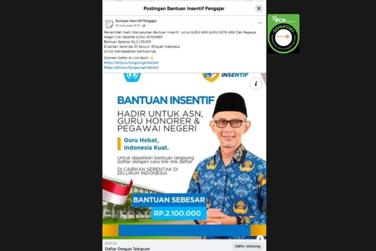 Cek Fakta Liputan6.com mendapati klaim link pendaftaran untuk mendapatkan bantuan insentif guru ASN dan honorer sebesar Rp 2.100.000.