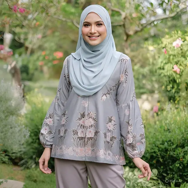Blouse Batik Crop Abu dengan Lengan Puff