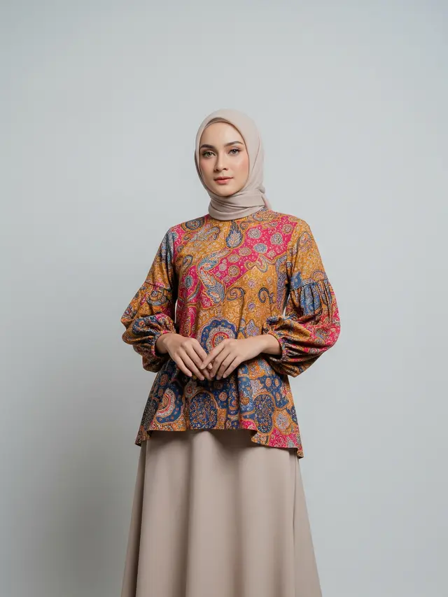 Atasan Batik Lengan Balon dengan Rok Midi A-Line