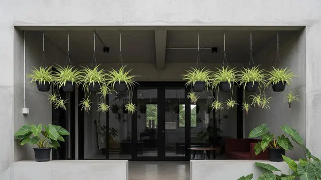 Teras Tinggi Industrial dengan Tanaman Gantung Pot Metal