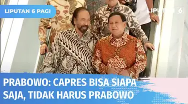 Ketua Umum Partai Gerindra, Prabowo Subianto, menemui Ketua Umum Partai Nasdem, Surya Paloh di Kantor DPP Partai Nasdem di Gondangdia. Prabowo mengungkapkan siapa saja bisa menjadi calon presiden tidak harus dirinya.