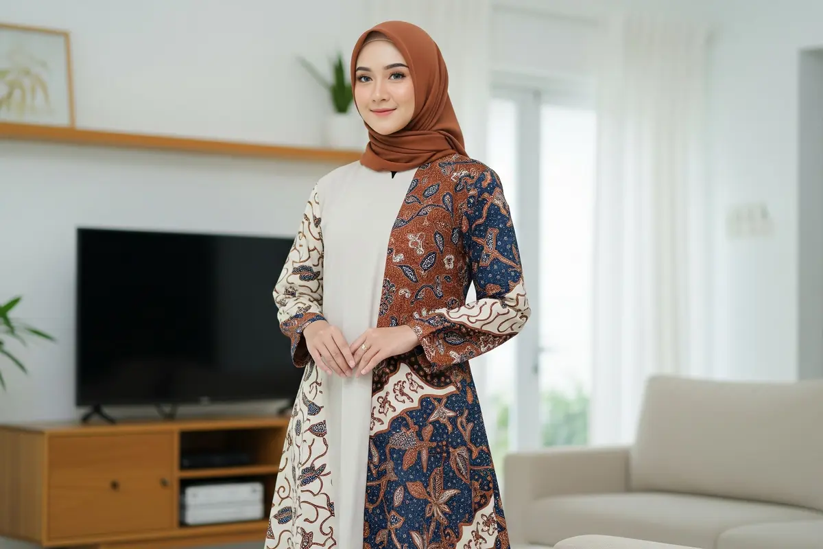 Gamis Batik Kombinasi Polos