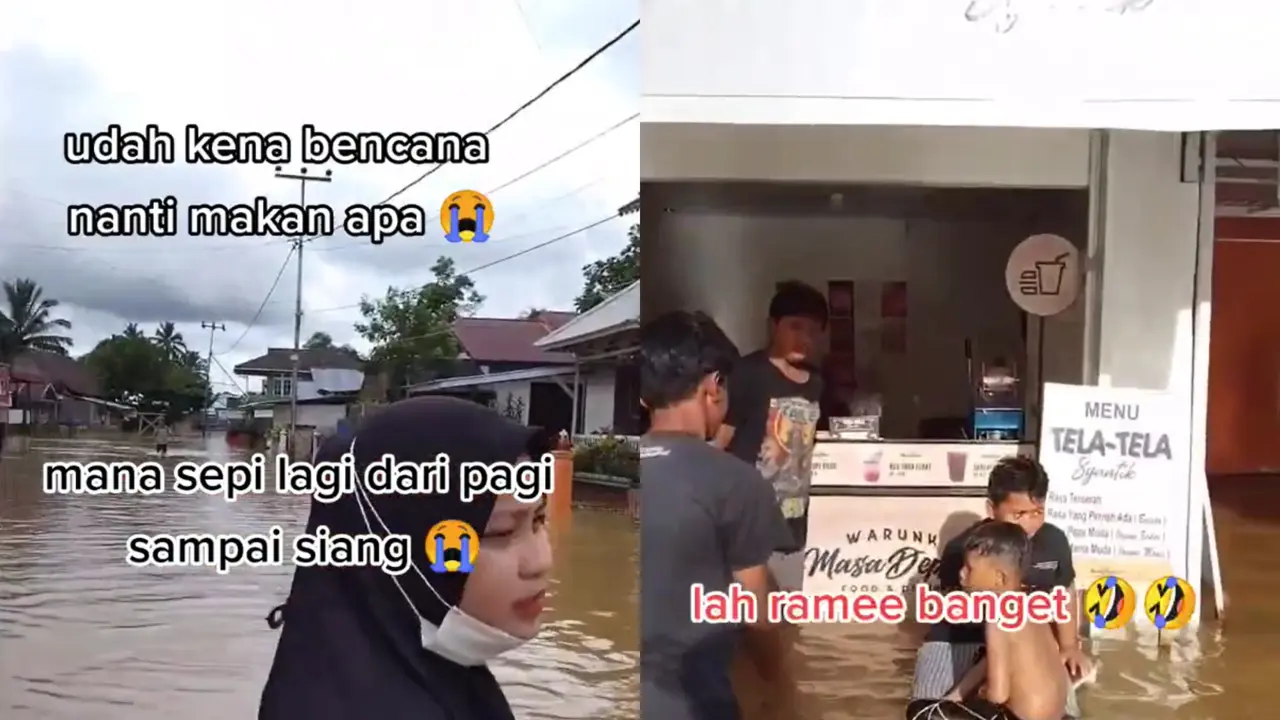 Seorang pebisnis terpaksa buka kafe di tengah banjir.