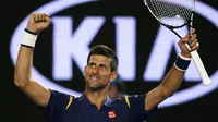 Serbia's Novak Djokovic celebrates after winning his quarter-final match against Japan's Kei Nishikori at the Australian Open tennis tournament at Melbourne Park, Australia, January 26, 2016. REUTERS/Issei Kato