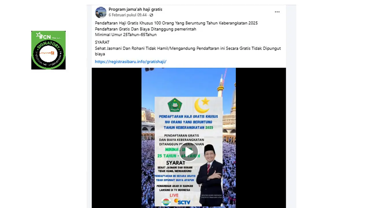 Tangkapan layar klaim link pendaftaran haji gratis untuk 100 orang beruntung