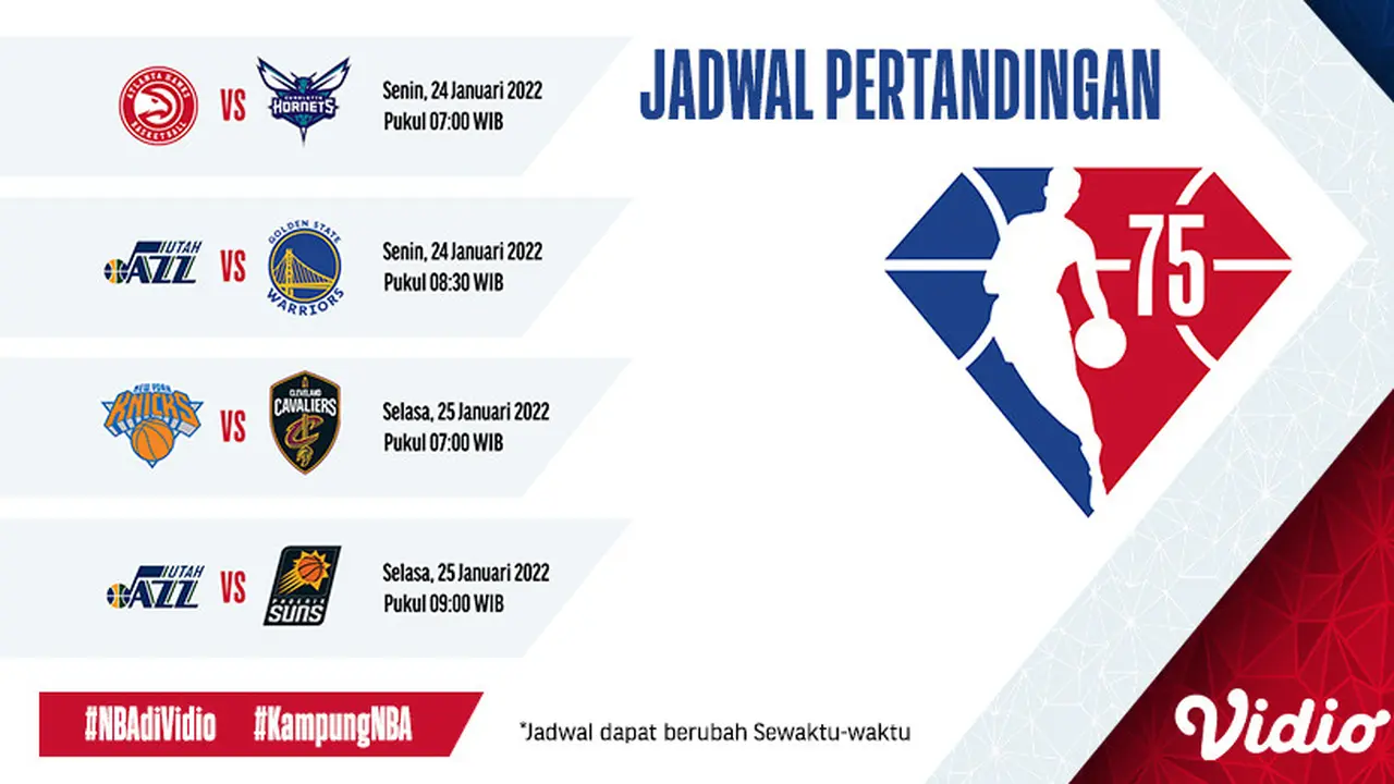 Link Live Streaming Pertandingan NBA 2021/2022 Pekan Ini di Vidio, 24-25 Januari 2022