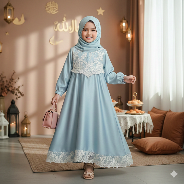 1. Gamis A-line dengan Sentuhan Brokat atau Renda (Anak Perempuan)
