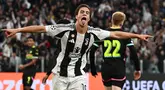 Pemain Juventus, Kenan Yildiz melakukan selebrasi setelah mencetak gol pertama timnya ke gawang PSV Eindhoven pada laga Liga Champions 2024/2025 di Juventus Stadium, Turin, Italia, Rabu (18/09/2024) WIB. (AFP/Isabella Bonotto)