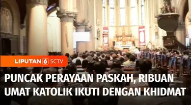 Ribuan umat Katolik mengikuti puncak perayaan Paskah di Gereja Katedral, Jakarta, Minggu kemarin. Pelaksanaan Misa Paskah di Gereja Katedral ini berlangsung dengan khidmat.