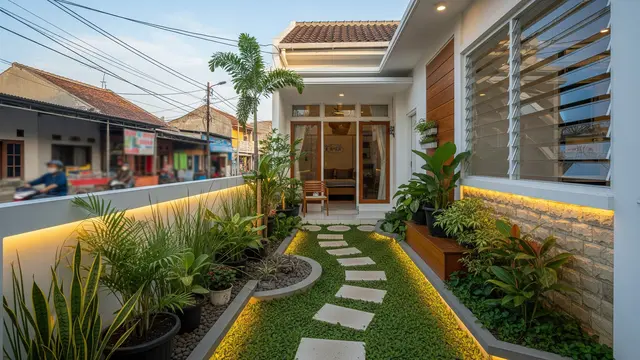 Desain Rumah di Lahan Bekas Kontrakan yang Kecil Tapi Tetap Stylish dengan Area Taman Mini di Area Samping