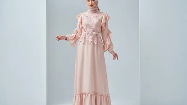 Gamis Ceruty Brukat Timbul Kombinasi Ruffle