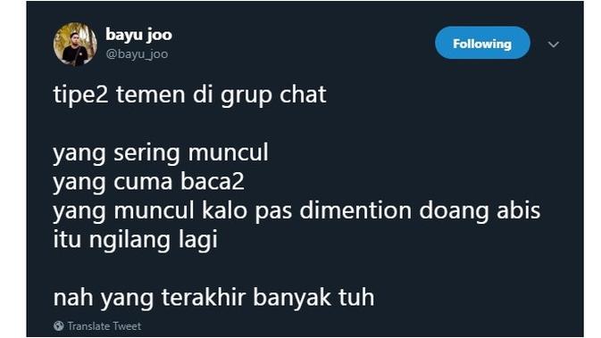 Tipe temen grup chat (Sumber: Twitter/bayu_joo)