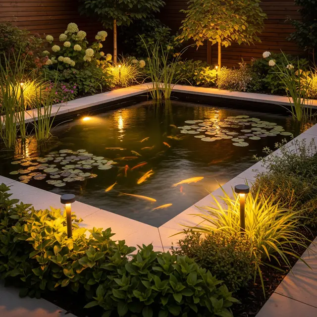 Kolam Ikan Minimalis dengan Lampu Taman yang Hangat (Image by Gemini AI)