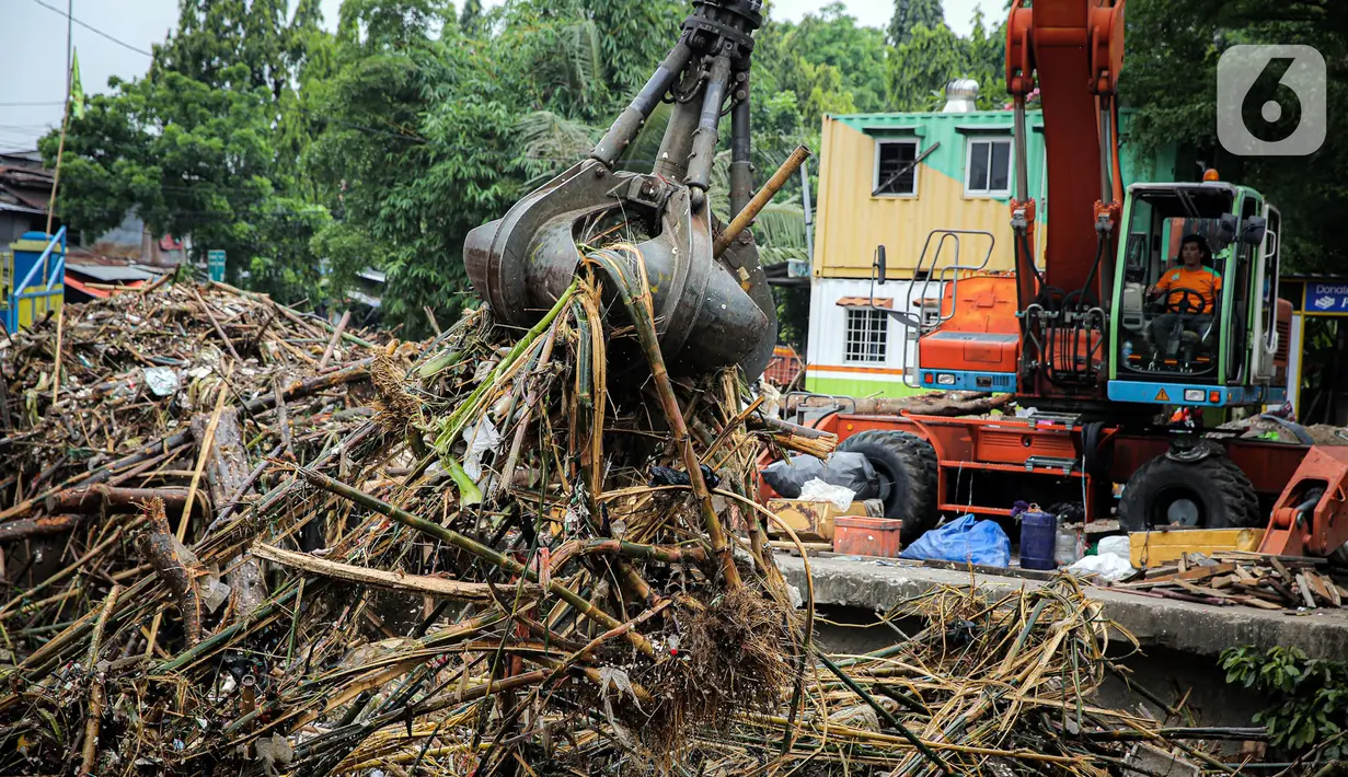 Petugas Dinas Kebersihan DKI Jakarta menggunakan alat berat untuk membersihkan sampah di Pintu Air Manggarai, Jakarta, Senin (10/10/2022). Hujan lebat yang mengguyur wilayah Bogor dan sekitarnya menyebabkan debit air Sungai Ciliwung meningkat dan menghanyutkan sampah ke Pintu Air Manggarai. (Liputan6.com/Faizal Fanani)