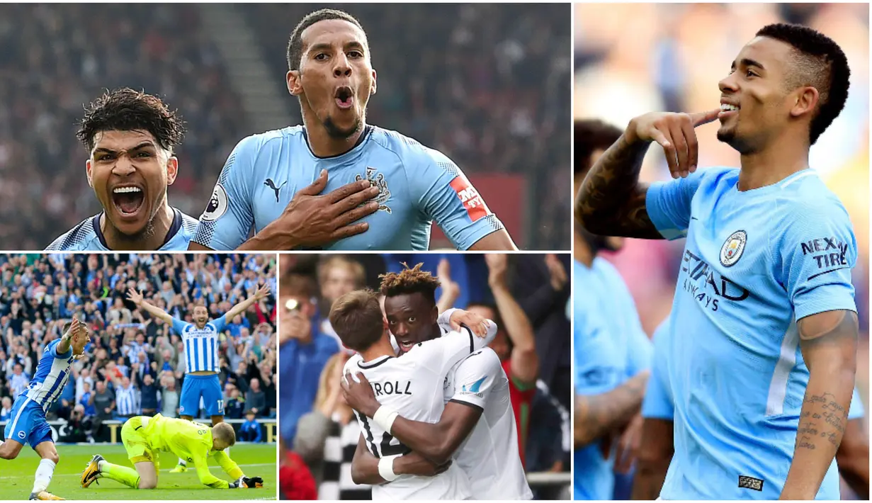 Berikut ini tujuh selebrasi terbaik yang menghiasi laga Premier League 2017/2018 pekan ke-8. Mulai dari selebrasi menelpon Gabriel Jesus hingga selebrasi emosional gelandang Newcastle United, Isaac Hayden. (Kolase Foto-foto AP dan AFP)