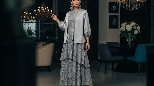 Long Dress Brokat Abu-Abu Model Layered Skirt + Outer Satin Silver