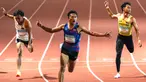 Atlet Indonesia, Lalu Muhammad Zohri (kiri) saat melewati garis finis dalam final lari 100 meter putra SEA Games ke-33 di Suphachalasai National Stadium, Bangkok, pada Kamis 11 Desember 2025. Sprinter kebanggaan Indonesia Lalu Muhammad Zohri harus puas dengan meraih medali perak cabang olahraga atletik nomor 100 meter putra SEA Games 2025. (Chanakarn LAOSARAKHAM/AFP)