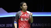 Tunggal putri, Gregoria Mariska Tunjung, mengalahkan Gao Fangjie 23-21, 21-16, pada penyisihan Grup D Piala Uber 2018, di Impact Arena, Rabu (23/5/2018). (PBSI)