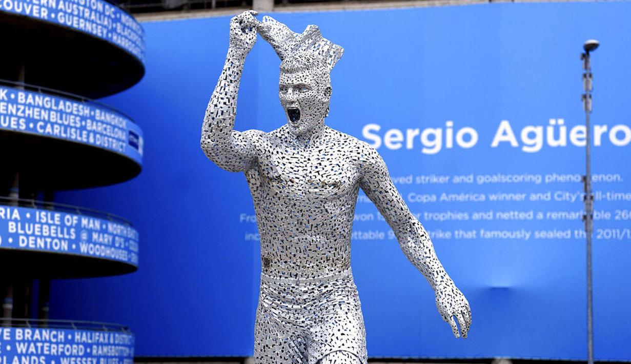 Manchester City telah meluncurkan patung Sergio Aguero untuk menandai peringatan 10 tahun kemenangan dramatis klub atas Queens Park Rangers (QPR). (Martin Rickett/PA via AP)