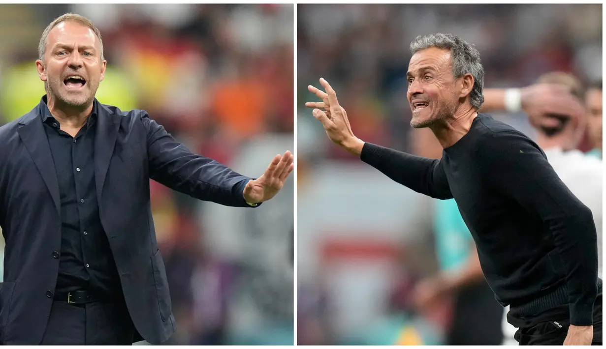 Foto kolase dari pelatih timnas Jerman, Hansi Flick (kiri) dan pelatih Spanyol, Luis Enrique saat memberikan instruksi kepada timnya dalam pertandingan grup E Piala Dunia 2022 antara Spanyol melawan Jerman yang berlangsung di Al Bayt Stadium, Senin (28/11/2022) dini hari WIB. Buntu di babak pertama, kedua pelatih tersebut mengandalkan pemain pengganti untuk mencetak gol di babak kedua. (Foto-foto: AP Photo/Luca Bruno, Matthias Schrader)