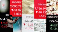 Pekerja melintasi layar pergerakan saham Bursa Efek Indonesia di Jakarta, Rabu (3/5/2023). Indeks Harga Saham Gabungan (IHSG) ditutup melemah 50,58 poin atau 0,74 persen ke 6.812,72 pada akhir perdagangan. (Liputan6.com/Angga Yuniar)