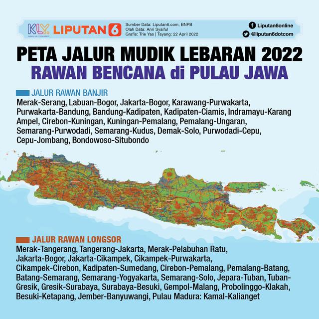 <p>Infografis Peta Jalur Mudik Lebaran 2022 Rawan Bencana di Pulau Jawa. (Liputan6.com/Trieyasni)</p>