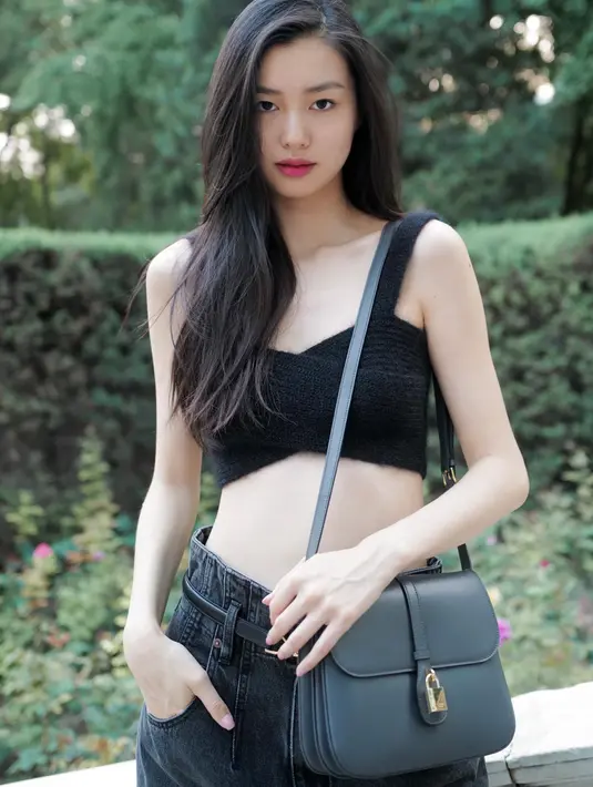 Estelle Chen memilih memadukan tas Celine hitamnya dengan tampilan serba hitam; crop top rajutan berwarna hitam dan celana jeans yang juga berwarna hitam. Foto: Document/Celine.