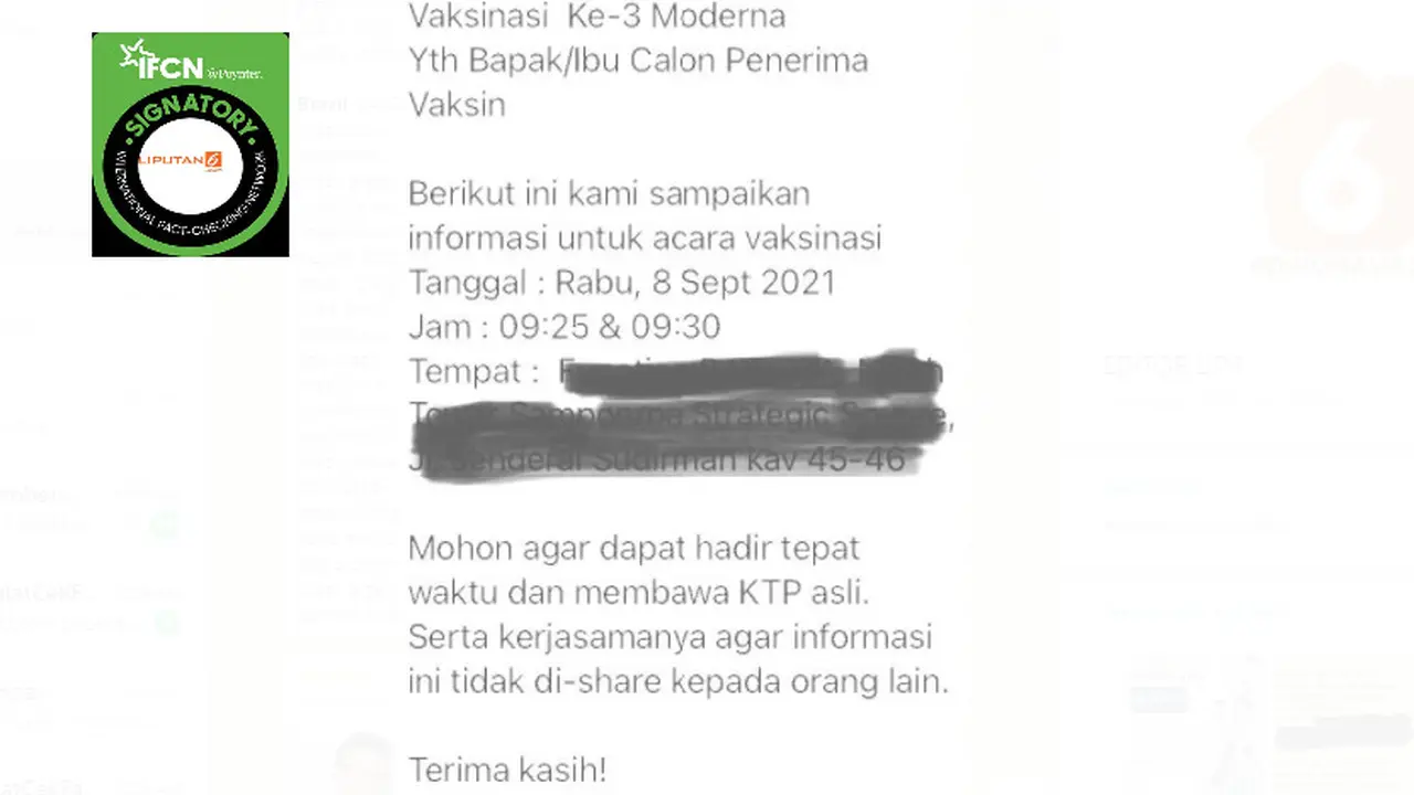Cek Fakta Liputan6..com menelusuri informasi undangan vaksinasi Moderna dosis ke tiga