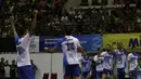 Pemain Jakarta Pertamina Energi merayakan kemenangan atas Palembang Bank Sumselbabel dalam ajang Proliga 2019 di GOR Among Rogo, Yogyakarta, Minggu (24/12). JPE menang 3-1 atas PBS. (Bola.com/Yoppy Renato)