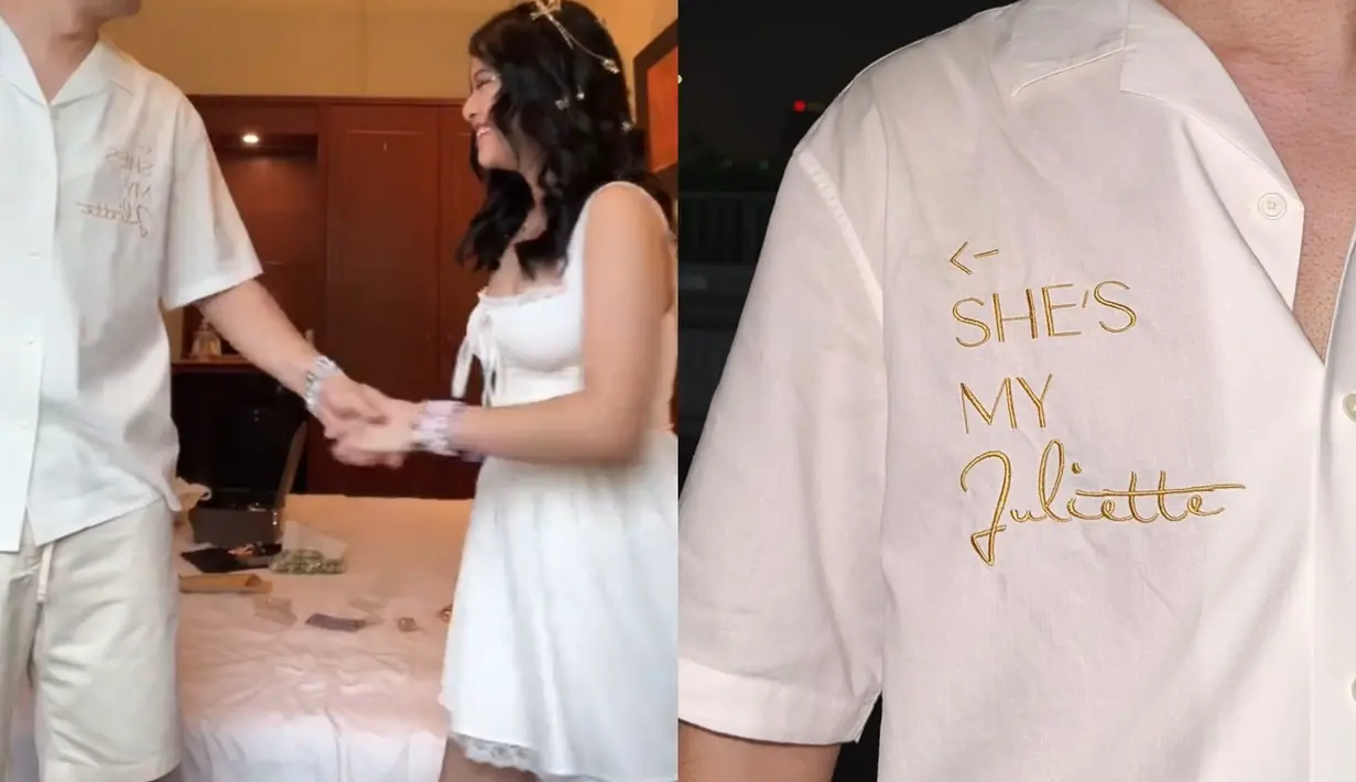 Luthfi Aulia kenakan kemeja putih lengan pendek bertuliskan "She's my Juliette". Dipadukan dengan celana pendek dan sneakers putih [@luthftiaulia]