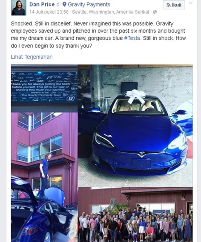 Dan mengunggah mobil yang dibelikan karyawan serta mengucapkan terima kasih ke karyawan lewat sosial media facebook | Photo: Copyright facebook.com/Dan Price