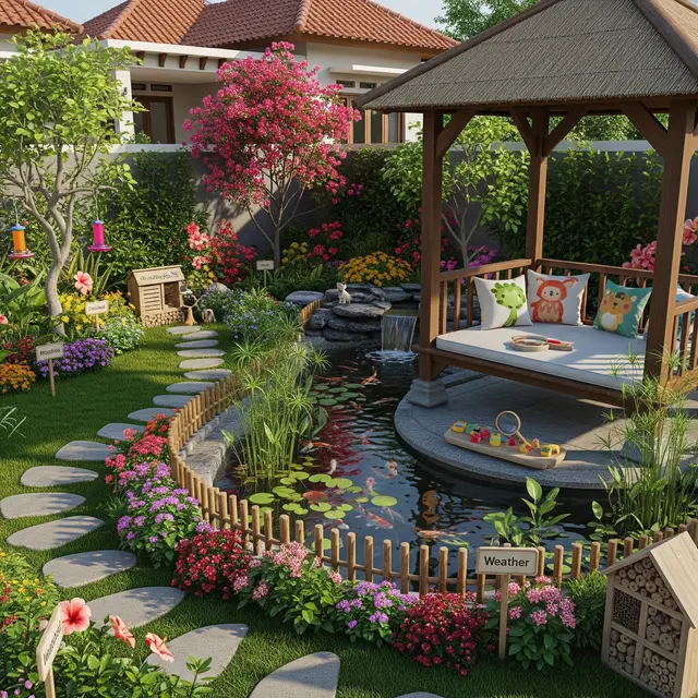 Taman Depan Rumah dengan Kolam Ikan Ramah Anak (Gemini AI)