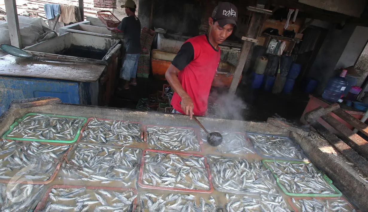 Pekerja membuat ikan asin di Muara Angke, Jakarta, (4/12). Kementerian Perindustrian menyatakan mayoritas industri pengolahan ikan dengan izin usaha kesulitan mendapat bahan baku sehingga utilitas pabrik rata-rata tersisa 40%. (Liputan6.com/Angga Yuniar)