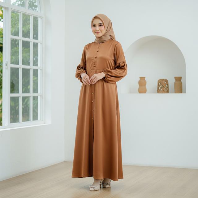 6. Gamis Satin Lengan Balon dengan Kancing Depan