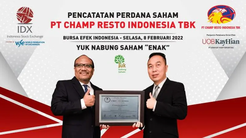 Pencatatan perdana saham PT Champ Resto Indonesia Tbk (ENAK) pada Selasa, (8/2/2022) (Foto: BEI)