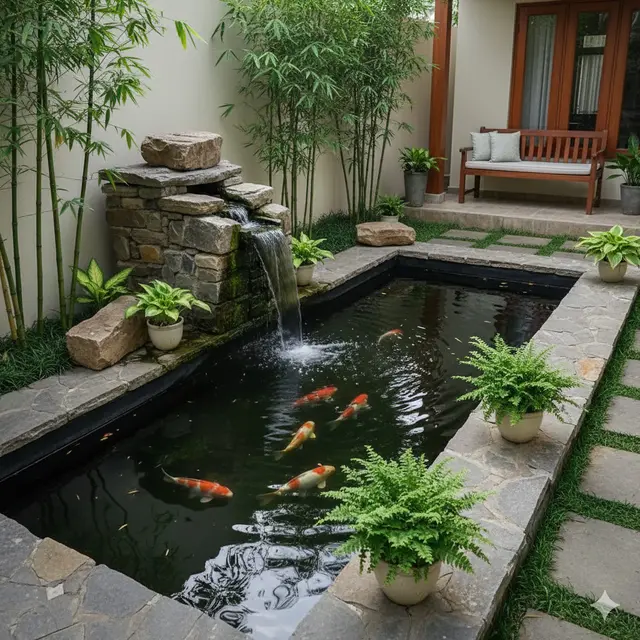 Model Kolam Ikan Batu Alam dan Bambu